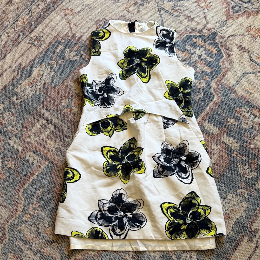 Milly White Dress with Black Floral Outline and Yellow Accents